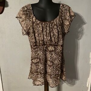 14/16 Venezia brown cream floral off the shoulder cap sleeve lined tunic blouse